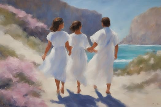 three different person walking by hand in the beach, romantic open mixed race and gender love relationship illustration concept generative ai art