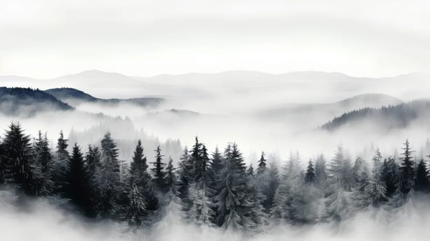 Pine trees in the fog - dark forest with dramatic light - AI generative