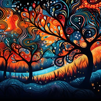 naive landscape painted with starry sky and trees - AI generative