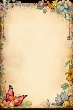 vintage antique old frame with flowers and butterfly - AI generative