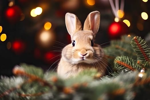 Christmas with a cheerful bunny wearing a Santa Claus hat. New Year celebration concept. Generative AI.