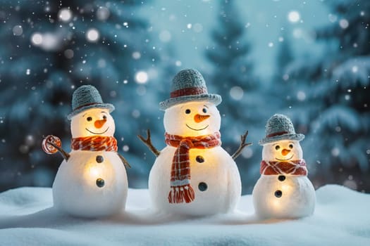 Holiday Greetings: The Snowman Family Spreads Joy. Greeting card or poster. Generative AI.