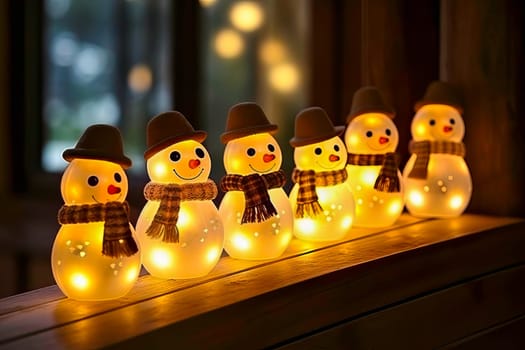 The Happy Snowman Family in Frosty Christmas. Greeting card or poster. Generative AI.