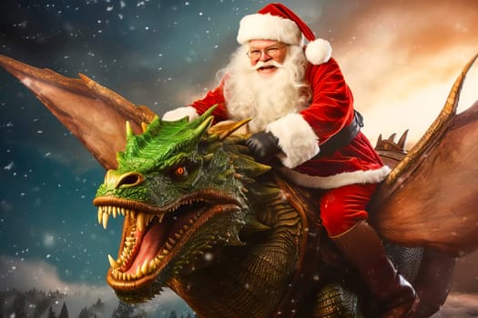 Santa's Dragon Deliver Gifts. New Year celebration concept. Generative AI.