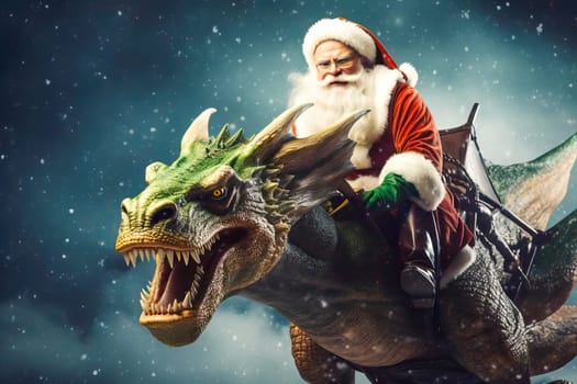 Santa Claus and a dragon go on a gift-giving in New Year. New Year celebration concept. Generative AI.