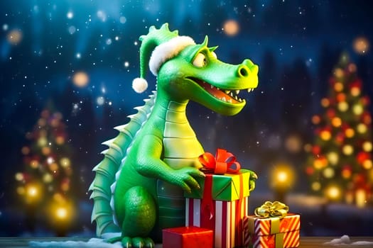 Green Dragon with gift boxes on New Year. New Year celebration concept. Generative AI.