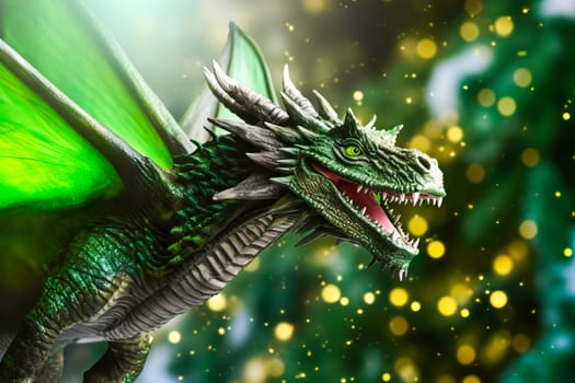 Proud Green Dragon Flying on blurred background. New Year celebration concept. Generative AI.