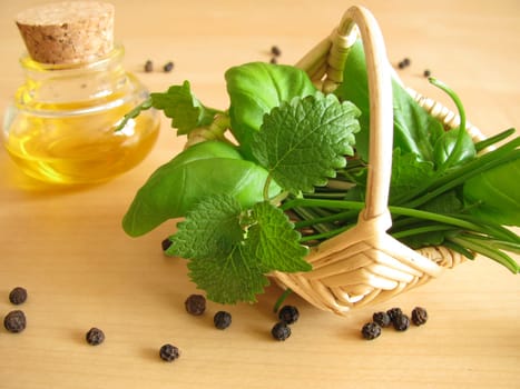 Herb basket and olive oil