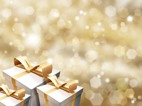 Christmas gifts on golden background of blurred lights