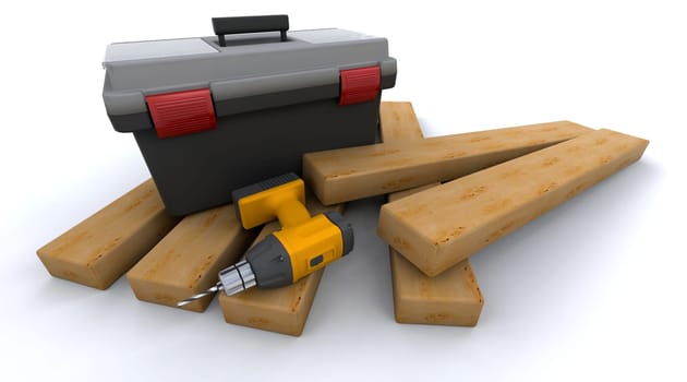3D render of a power drill with wood