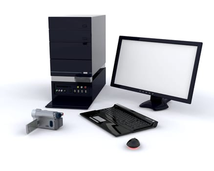3D Render of a digital video camera and pc