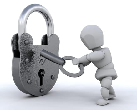 3d render of a padlock and key