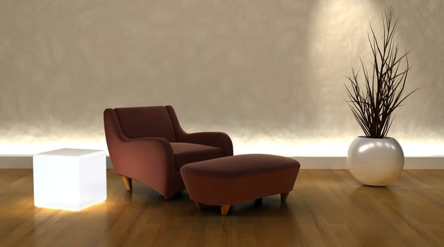 3d render of contemporary arm chair and ottoman in moderen setting