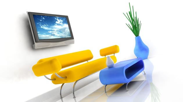 3d render of sofa and television on the wall