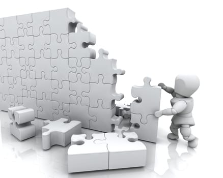 3D render of a man solving a jigsaw puzzle