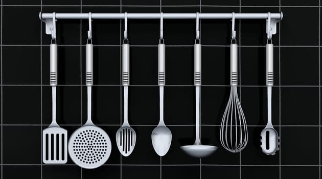 3d render of kitchen utensils on a rack mounted on a tiled wall