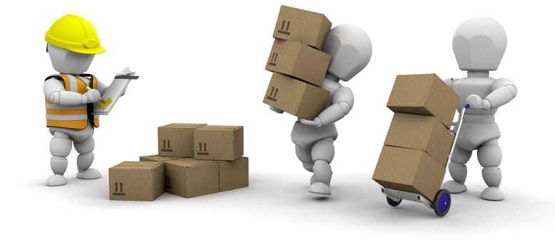 3D men handling materials isolated over white
