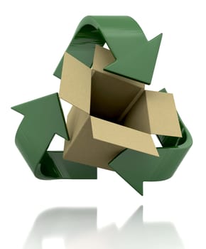 3d render of a recycle symbol and card box