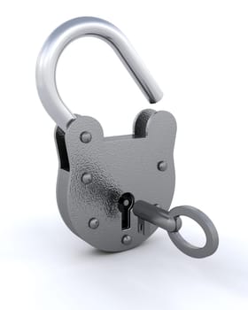 3D Security padlock opened with a key - isolated