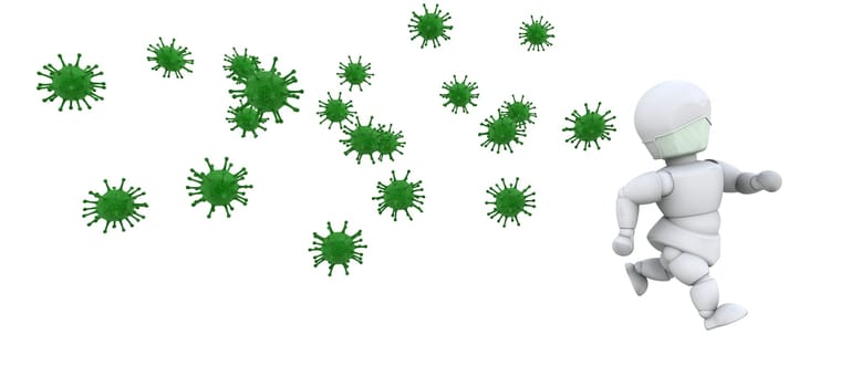 3d render of a man in mask surrounded by bacteria