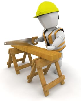 3D Render of a man sawing wood