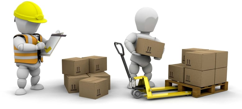 Workers stacking boxes and checking them off on a clipboard