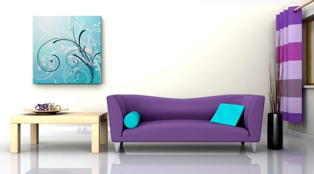 3D render of a contemporary interior and sofa