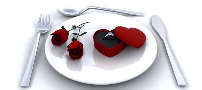 Place setting with red roses and engagment ring