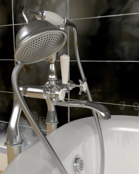 3d render of classic roll top bath and taps with shower attatchment  in contemporary  interior