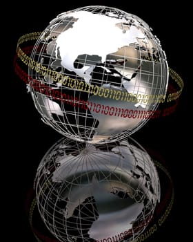 3d render of chrome globe with binary code