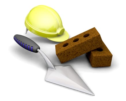 3D render of bricks, trowel and hard hat