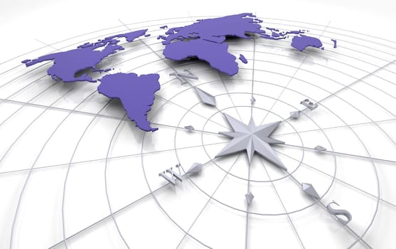 3d render of a compass on a map of the world