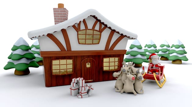 3d render of santa and a winter cabin and christmas trees