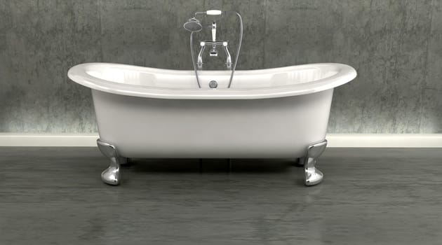 3d render of classic roll top bath and taps with shower attatchment  in contemporary  interior