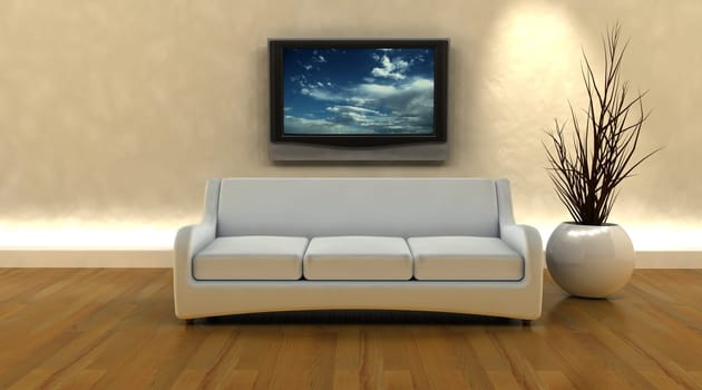 3d render of sofa and television on the wall
