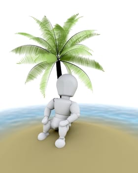 3d render of man on an island under a palm tree