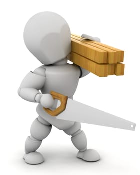 3D Render of a man sawing wood