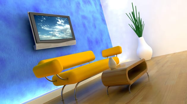 3d render of sofa and television on the wall