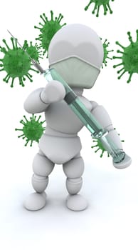 3d render of a man with a syringe surrounded by bacteria