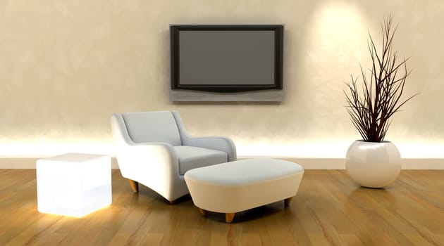 3d render of sofa and television on the wall