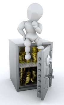 3d render of a person sat a safe full of gold coins