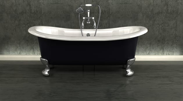 3d render of classic roll top bath and taps with shower attatchment  in contemporary  interior