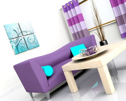 3D render of a contemporary interior and sofa