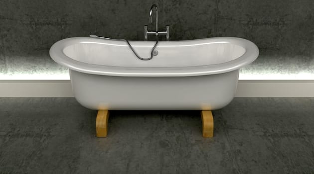 3d render of classic roll top bath and taps with shower attatchment  in contemporary  interior