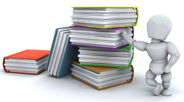 3d render of a man with a stack of books