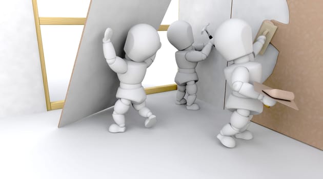 3D construction team building a house isolated