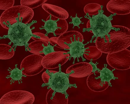 3d render of blood cells and bacteria in an artery