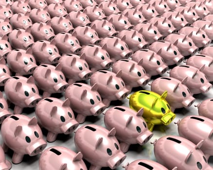 3d render of a gold piggy bank in amongst a crowd of pink piggy banks