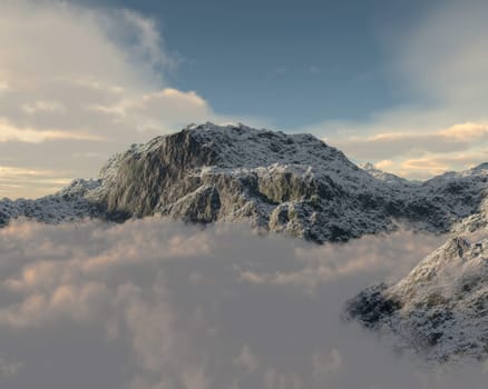 3d render of a mountain peaking through cloud layer