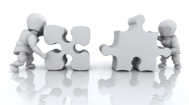 3D RENDER OF MAN SOLVING JIGSAW PUZZLE